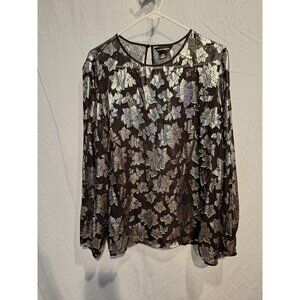 $198 Club Monaco Floral Silk-Blend Metallic jacquard Womens Top/shirt Size L